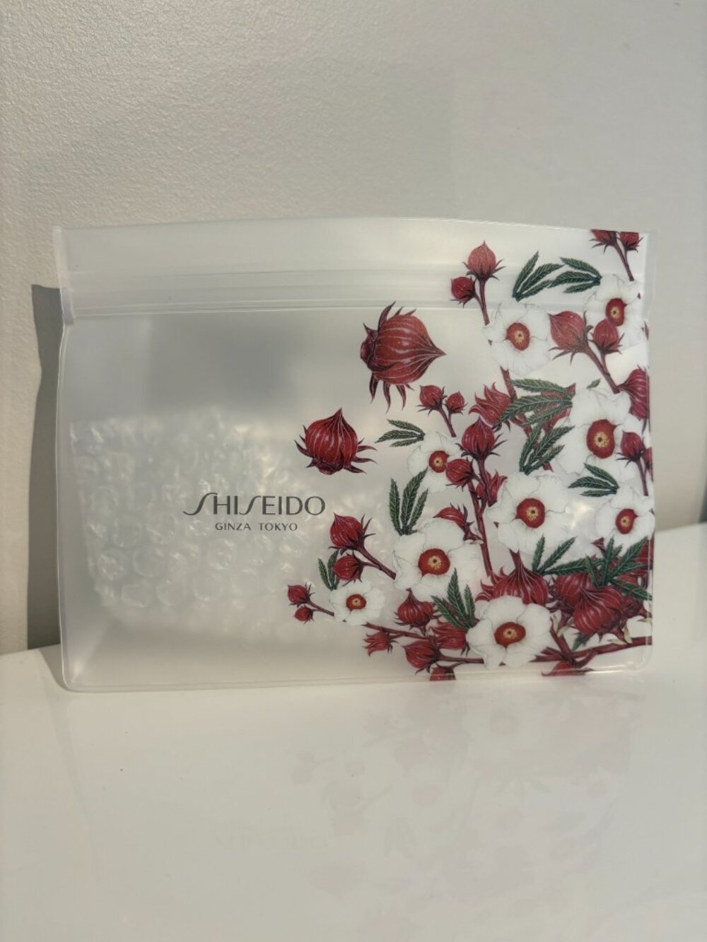 BNWT Shiseido Red Roselle Hibiscus 🌺 Floral Clear Cosmetic Rubber Pouch